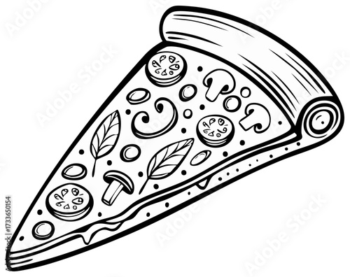 Line art illustration of a pizza slice with decorative toppings and crust.