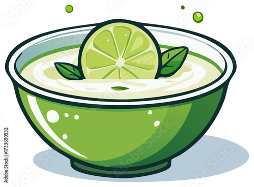 Refreshing Green Bowl with Creamy Liquid, Lime Slice, and Mint Leaves Vector Illustration