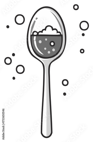 Stylized spoon full of effervescent liquid with foam and floating bubbles
