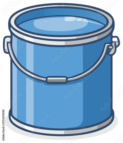 Blue Metal Bucket Container Filled With Liquid Paint Or Water