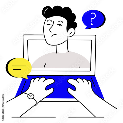 Person pondering with speech bubbles and question mark, symbolizing communication challenges and seeking answers in modern business discussions