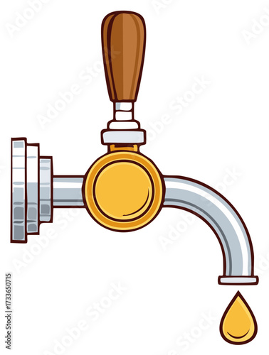 Classic draught beer tap with a wooden handle dripping a golden drop of ale