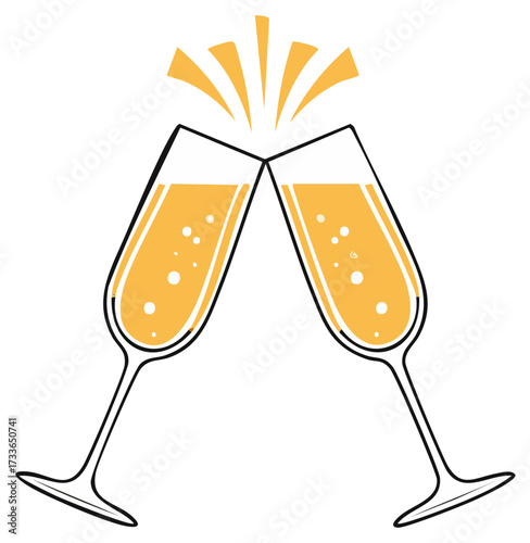 Stylized champagne glasses toasting with sparkling bubbles for celebration and joyous occasions