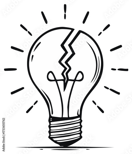 Hand drawn broken light bulb sketch still shining. A concept for flawed ideas, failure, or creative crisis.