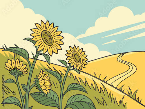 Vibrant sunflower field swaying in the summer breeze under a clear blue sky. Ideal for nature, travel, and seasonal projects