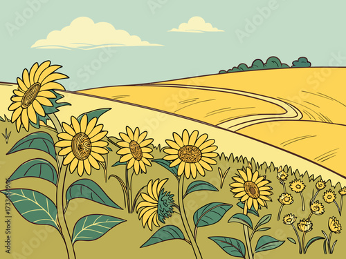 Vibrant sunflower field swaying in the summer breeze under a clear blue sky. Ideal for nature, travel, and seasonal projects