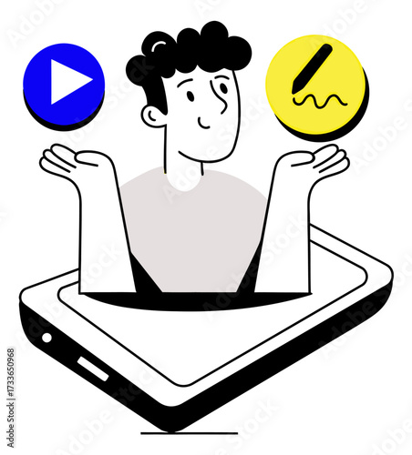 Dynamic play button and creative pencil icons symbolizing engagement and idea generation for digital content creation and marketing campaigns