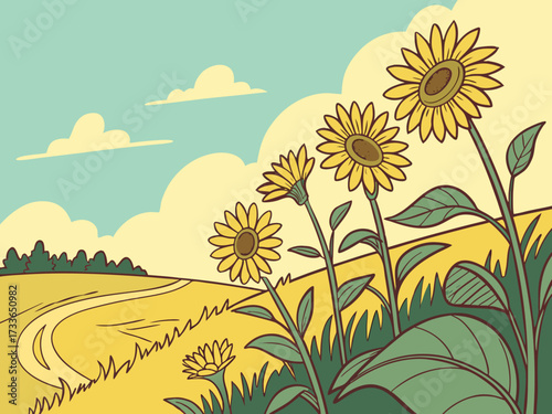 Vibrant sunflower field swaying in the summer breeze under a clear blue sky. Ideal for nature, travel, and seasonal projects
