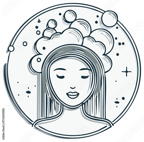 Woman with long hair and shampoo bubbles in her hair, enclosed in a circle with scattered dots and stars