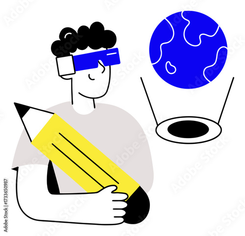 Abstract representation of global learning and innovation with a person holding a book and wearing virtual reality glasses