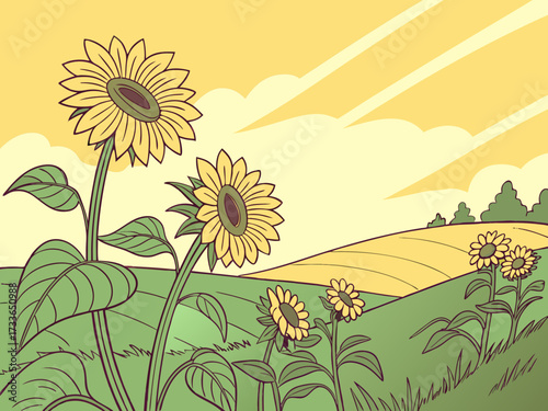 Vibrant sunflower field swaying in the summer breeze under a clear blue sky. Ideal for nature, travel, and seasonal projects