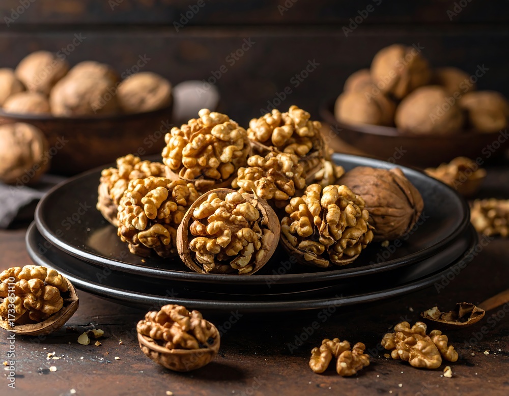 Fototapeta premium Shelled walnuts on dark plates
