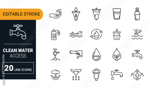 Collection of 20 line icons representing clean water access and filtration filter