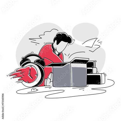 Frustrated person overwhelmed by deadlines and urgent tasks, alarm clock burning as a symbol of intense pressure and critical time management challenges.