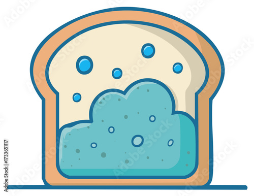 Creative cartoon icon of a spoiled bread slice with bubbling blue mold fungus