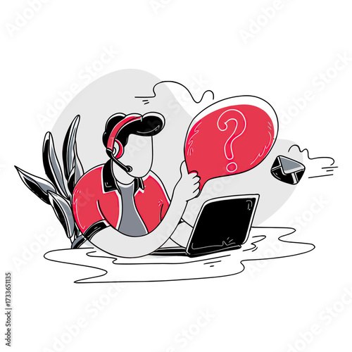 Professional customer support agent with headset holding a question mark speech bubble, ready to assist and resolve inquiries efficiently
