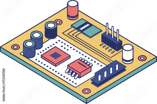 Electronic components and circuit diagram symbols, isometric isolated vector illustration for engineering learning and semiconductor design concept.