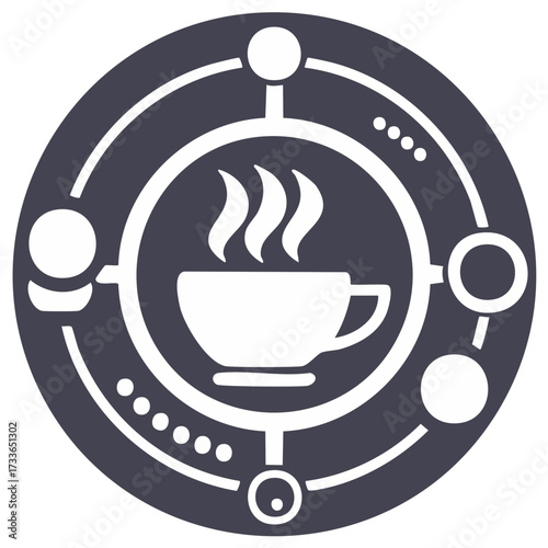 Steaming cup of coffee in a geometric circle design, representing connectivity and warmth