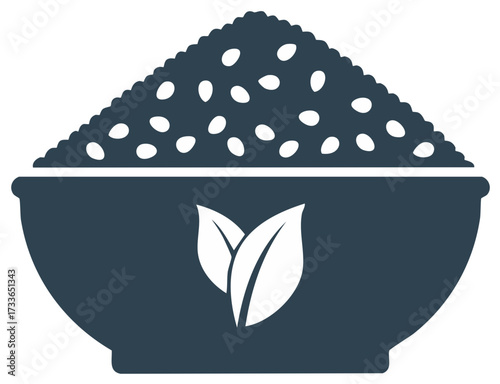 Dark bowl overflowing with white sesame seeds and leaf symbol for organic food