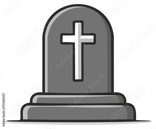 Grey Cartoon Gravestone with White Cross for Memorials, Cemetery Markers and Obituary Imagery.