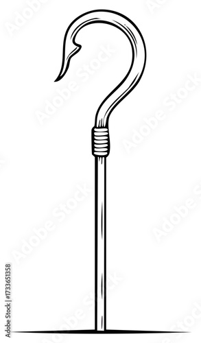 A classic fishing hook with a long shaft and sharp barb rendered in black and white line art.