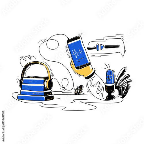 Capturing audio brilliance: podcasting setup with headphones, smartphone displaying waveform, and microphone ready for dynamic content creation