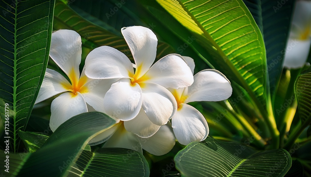 Fototapeta premium Close Up White Plumeria Flowers Among Lush Green Leaves