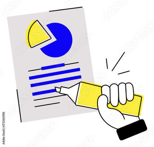 Hand highlighting key data points on a pie chart report with a bright yellow marker, illustrating strategic analysis and business insights for financial planning and decision making