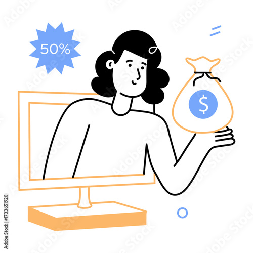 Unlock lucrative online opportunities with this eye catching 50% discount symbol beside a computer and money bag concept, perfect for business growth and digital savings strategies