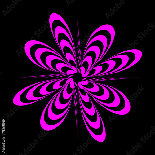 Fluorescent magenta petals spiral outward in layered symmetry, forming a hypnotic floral pattern glowing vividly against the infinite black background.