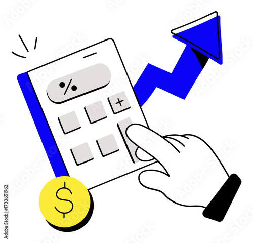 Dynamic financial growth visualized with a calculator, dollar coin, and soaring blue arrow chart representing increasing profits and investment success
