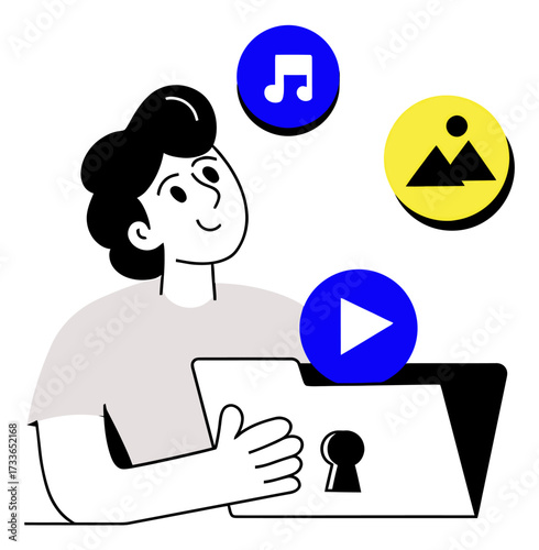 Creative concept shows t-shirt with icons for music, images, and video playback, symbolizing digital content creation and media production for modern marketing campaigns