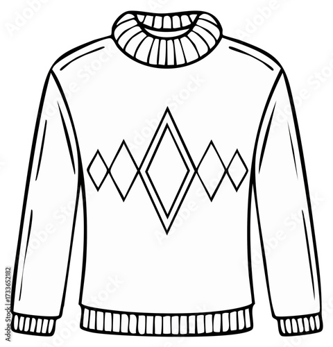 Black and white illustration of a cozy sweater with diamond design