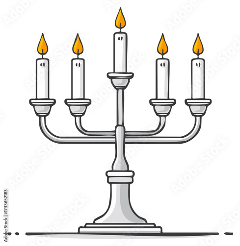 Elegant silver candelabra holds five burning white candles with black wicks on a white backdrop