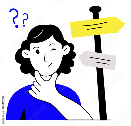 Confused person pondering choices with directional arrows and question marks, seeking clarity and decision making help for important life or business directions