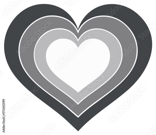 Concentric heart shapes in varying shades of gray with white outlines