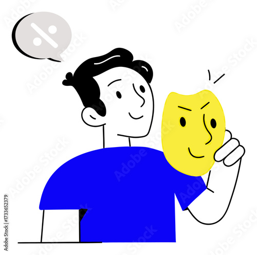 Sarcastic yellow faced character in blue shirt communicates a percentage discount with a thought bubble, conveying a playful, humorous business deal or offer.