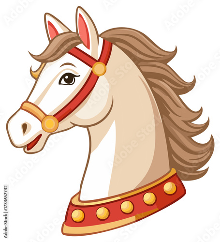 Cartoon Horse Head Portrait with Detailed Mane and Ornamentation, Isolated Graphic Element