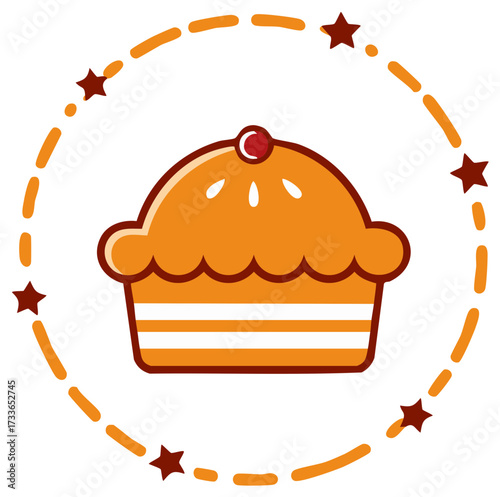Illustration of a Pie with Cherry Topping Surrounded by a Circle of Stars and Dashes