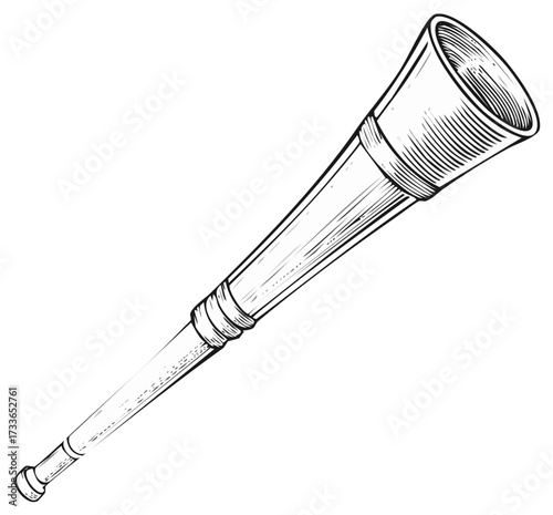 Vintage drawing of a long collapsible spyglass telescope in black and white.