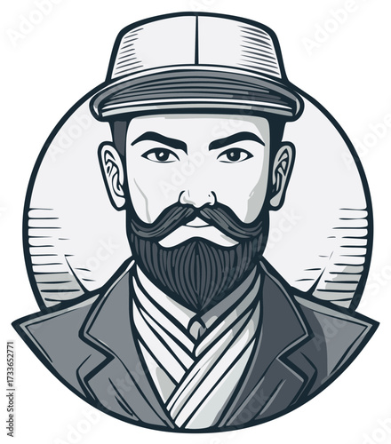 Illustrated Portrait of a Mature Bearded Man Wearing a Hat and Suit Coat, Facing the Camera