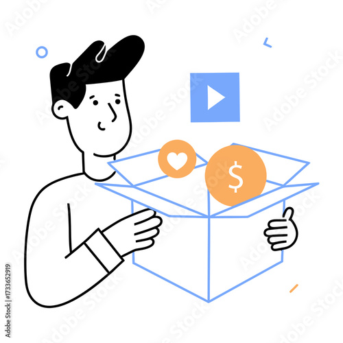 Unboxing modern business success: Play button, heart, and money icons in a stylish open box, perfect for marketing and digital content creation