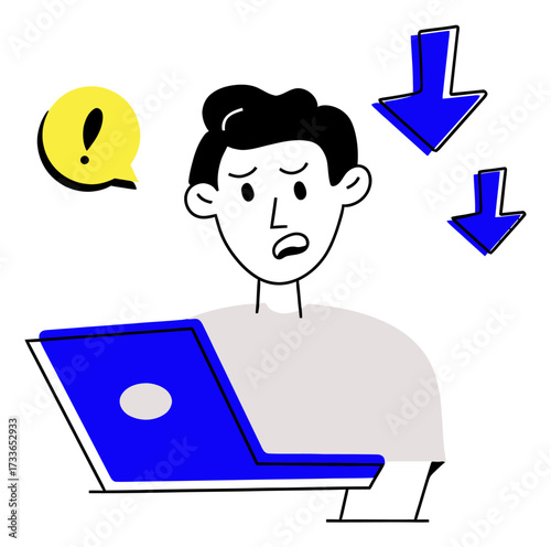 Digital downloads and user interface elements with exclamation point bubble and blue arrows indicating information flow, perfect for web design and software concepts