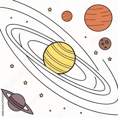 Colorful planets and stars in space with orbital paths