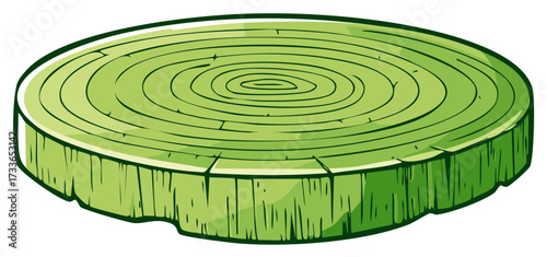 Cartoon illustration of a green tree stump cross-section with wood grain and growth rings
