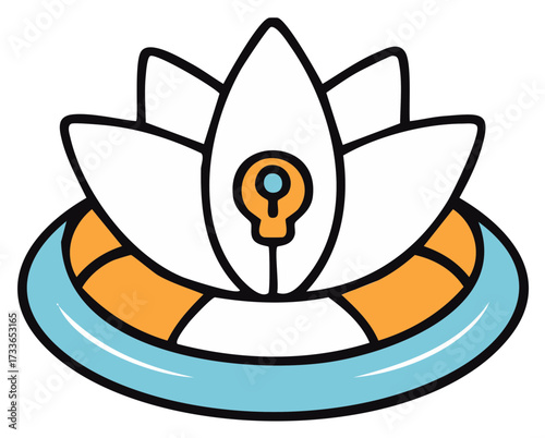 Abstract Illustration of Lotus Flower with Light Bulb Center Resting on Life Preserver