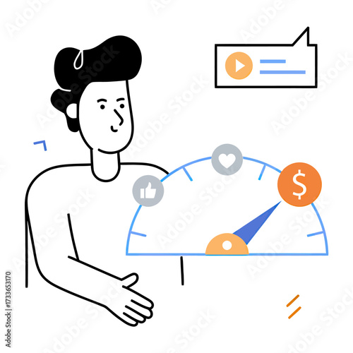 Financial success meter with dollar sign, like button, and heart icon, representing positive business growth and online engagement