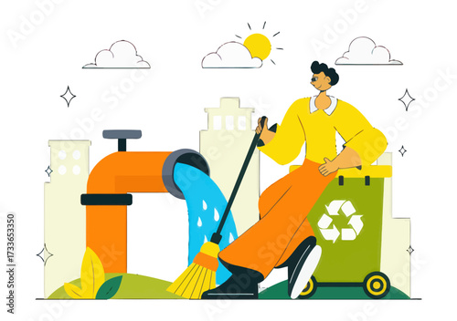 Eco conscious worker sweeping with recycle bin in modern city, demonstrating sustainability and environmental responsibility, promoting a clean and green future, clean energy solutions
