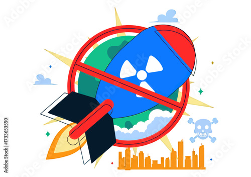 Powerful anti nuclear rocket symbol with skull and city skyline warns of global danger and calls for peace, conveying a strong message against weapons of mass destruction.