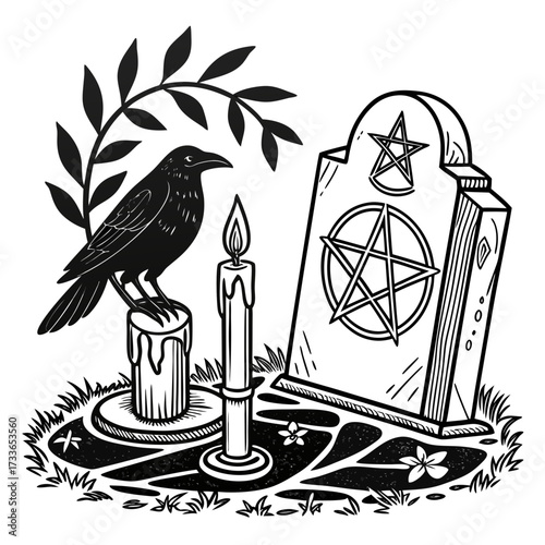 Crow on Candle Beside Gravestone with Pentagram Keywords: crow, bird, candle, burning, flame